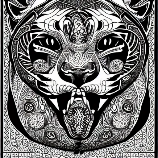 Image similar to jaguar head tattoodesign, sacred geometry, symmetrical, frontview, black and white, white background. very detailed ink drawing, fine lineart, extremely detailed