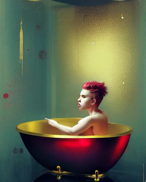 Image similar to Scarlett Johansson bathing in a gold tub, futuristic neon, decorated with traditional Japanese ornaments by Ismail inceoglu dragan bibin hans thoma greg rutkowski Alexandros Pyromallis Nekro Rene Maritte Illustrated, Perfect face, fine details, realistic shaded, fine-face, pretty face