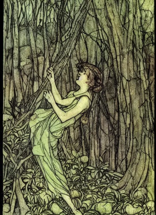 Image similar to fairy girl in forest, arthur rackham