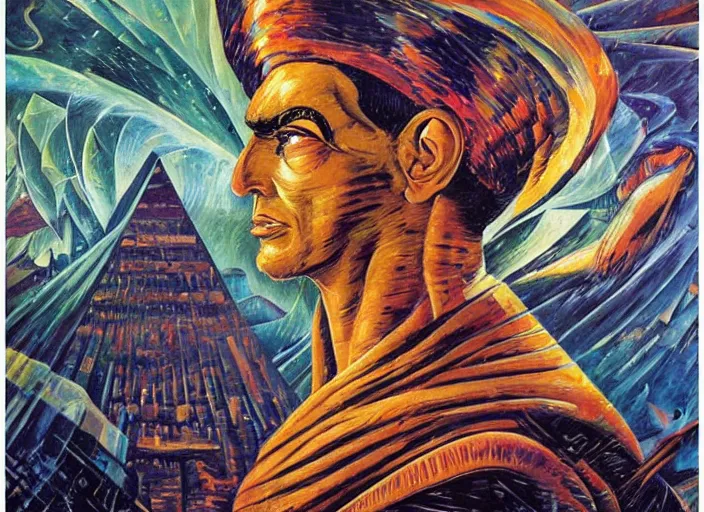 Image similar to an oil on canvas painting of Egyptian god Aker, by Dan Mumford and Umberto Boccioni, underworld, past and future, east and west, 3d, realistic shading, complimentary colors, aesthetically pleasing composition, masterpiece, 4k, 8k, ultra realistic, super realistic