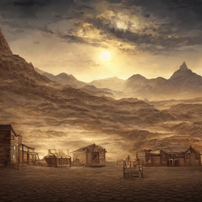 Image similar to old west style city in the middle of a vast sandy flat desert with a single mountain on the very distant horizon. magic the gathering art, digital media