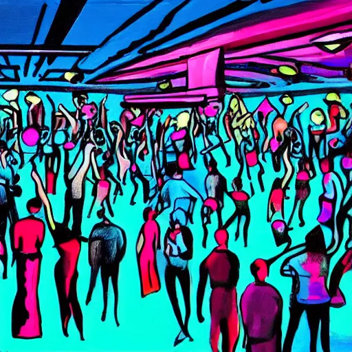 Prompt: a futuristic painting of an a nightclub crowd partying in an underwater dancefloor.