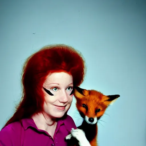 Image similar to portrait of a red haired woman, in 7 0 s clothes, holding a fox over her head while roller skating