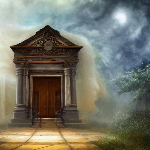 Prompt: Mysterious library with fog near the floor and clouds at entrance, fantasy art