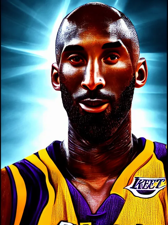 Prompt: portrait art of Kobe Bryant, 8k ultra realistic , lens flare, atmosphere, glow, detailed,intricate, full of colour, cinematic lighting, trending on artstation, 4k, hyperrealistic, focused, extreme details, unreal engine 5, cinematic, masterpiece