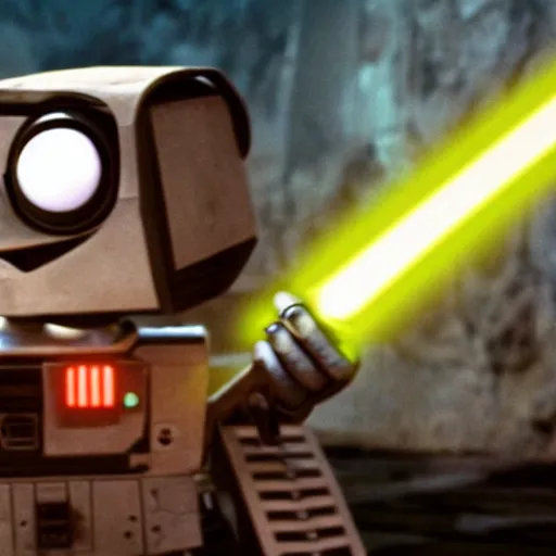 Image similar to photograph of wall - e wielding a lightsaber, hd