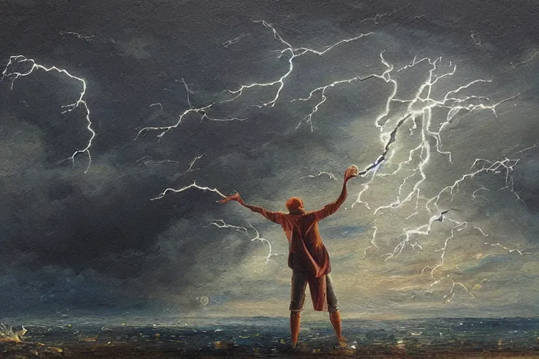 Prompt: a bereaved artist as his canvas gets struck by lightning, oil painting, extremely detailed, museum art