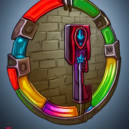 Prompt: a stylised old colorful metal key, key is on the center, rpg game inventory item, rim light, outer glow, on the white background, trending on artstation