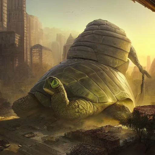 Image similar to A city built on the back of a giant turtle, fantastic, epic composition, volumetrics, highly detailed, concept art, by Viktor Miller-Gausa and Alyn Spiller