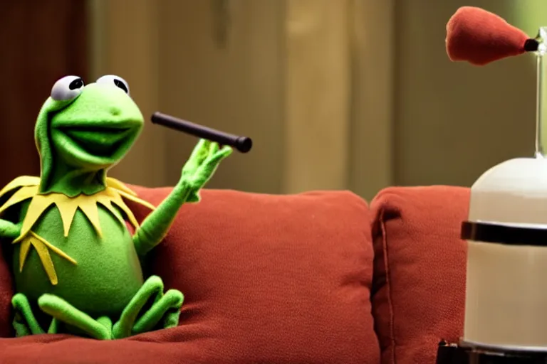 Image similar to candid photo of kermit the frog sitting on the couch hitting a bong, kermit the frog in ted ( 2 0 1 2 ) bong scene, kermit the frog using a bong, kermit smoking weed, bong rip, high resolution photo, trending on artstation, interior design,