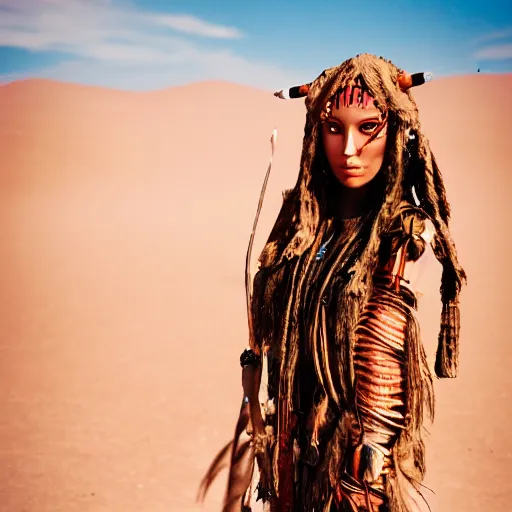 Prompt: a beautiful photography of a female futuristic shaman in a desert, close shot, Canon eos M50, trending on Artstation, warm color scheme