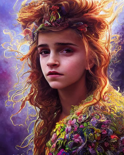 Prompt: very complex hyper-maximalist overdetailed cinematic tribal fantasy closeup macro portrait of a heavenly beautiful cute young Emma Watson with windblown hair, flirting smiling, vibrant high contrast, by andrei riabovitchev, tomasz alen kopera,moleksandra shchaslyva, peter mohrbacher, Omnious intricate, octane, moebius, arney freytag, Fashion photo shoot,, glamorous, tattoos,shot in the photo studio, professional studio lighting, backlit, rim lighting, Deviant-art, hyper detailed illustration, 8k