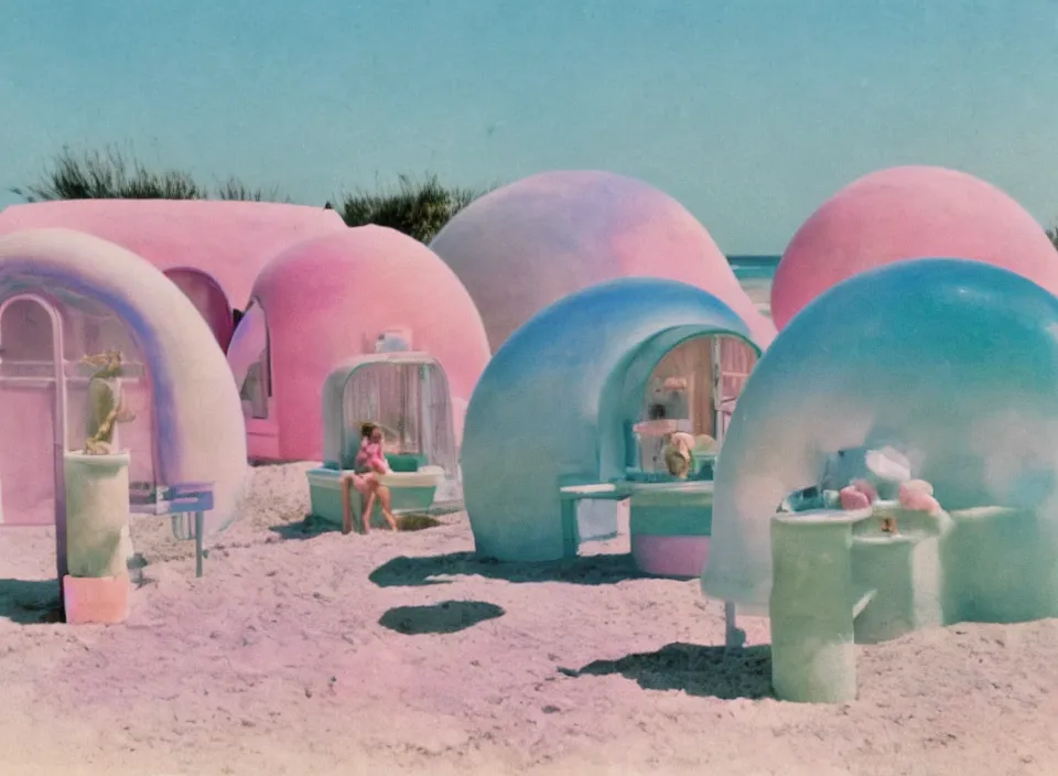 Image similar to a pastel coloured vintage family holiday photo of an empty beach from an alien dreamstate world with chalky pink iridescent!! sand, reflective lavender ocean water, dim bioluminescent plant life and an igloo shaped shiny plastic transparent restaurant opposite a kiosk with an iridescent blue flame flickering. glare. refraction, volumetric light.