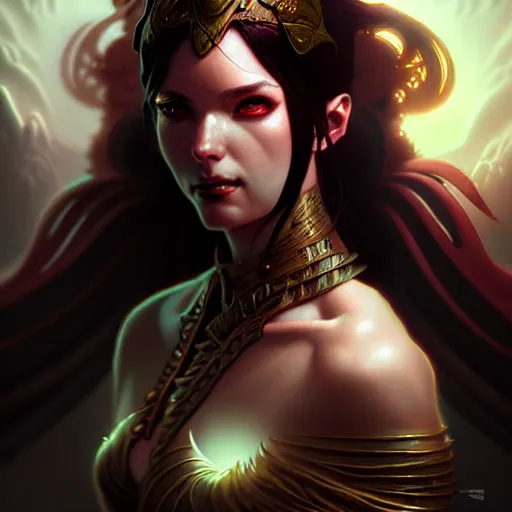 Image similar to An epic fantasy comic book style portrait of a female demon, cave setting, movie lightning, intricate, elegant, highly detailed, digital painting, artstation, concept art, matte, sharp focus, illustration, art by Artgerm and Greg Rutkowski and Alphonse Mucha