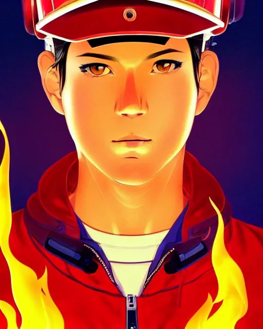 Prompt: fireman, cool pose, fire jacket, helmet, covered in beautiful flames!!! | | very very anime!!!, beautiful fine - face, audrey plaza, realistic shaded perfect face, fine details. anime. realistic shaded lighting poster by ilya kuvshinov katsuhiro otomo ghost - in - the - shell, magali villeneuve, artgerm