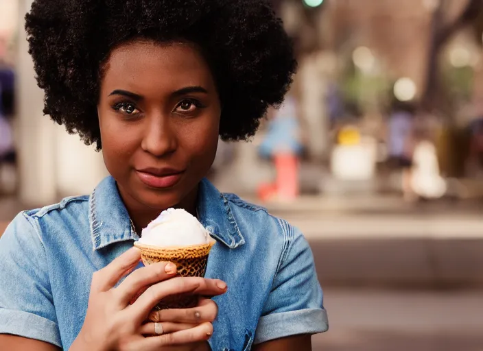 Prompt: a 3 5 mm photo of a young black woman holding an ice cream cone, splash art, movie still, bokeh, canon 5 0 mm, cinematic lighting, dramatic, film, photography, golden hour, depth of field, award - winning, anamorphic lens flare, 8 k, hyper detailed, 3 5 mm film grain