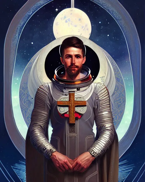 Image similar to Holy medieval astronaut portrait holding a cross, art nouveau, fantasy, intricate galactic designs, elegant, highly detailed, sharp focus, art by Artgerm and Greg Rutkowski and WLOP