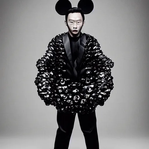 Prompt: a beautiful young korean male wearing iris van herpen mickey mouse couture, photographed by erwin olaf