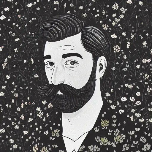 Image similar to a man with a moustache standing in front of flowers, a character portrait by jack smith, tumblr contest winner, aestheticism, masculine, aesthetic, ilya kuvshinov