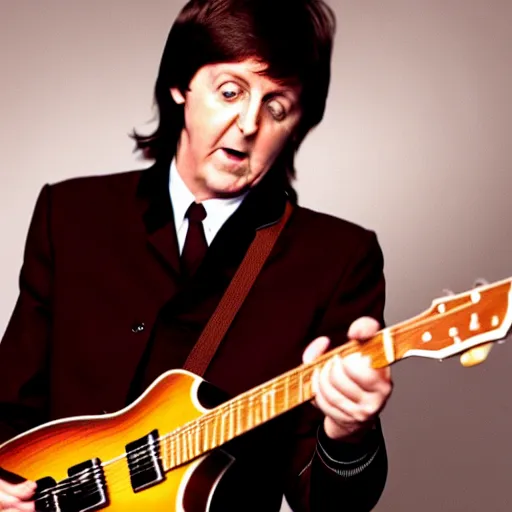 Image similar to Paul McCartney playing a Beatle guitar, 8k, high definition, highly detailed, photo-realistic