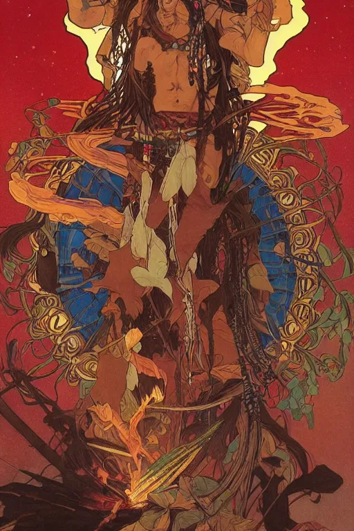 Image similar to serene scene of an apache medicine man telling stories around a fire, by artgerm and yoshitaka amano and moebius and alphonse mucha, hyperdetailed, dc comics, ornate, nebula, explosions in the sky, trending on artstation