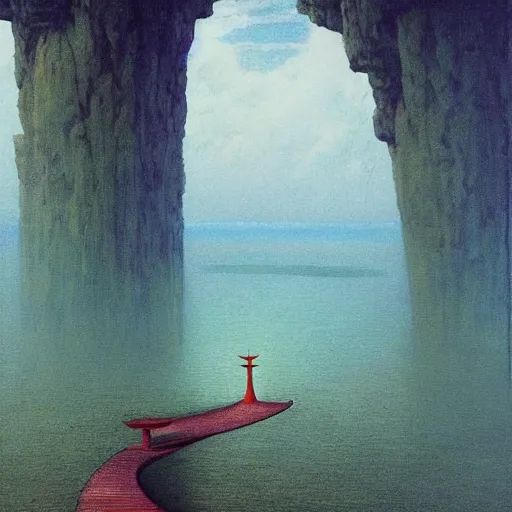 Prompt: A beautiful painting of A Torii over the sea by Zdzisław Beksiński and Ilya Repin,In style of Post-Apocalyptic.digital art, illustration,hyper detailed,smooth, sharp focus,trending on artstation,oil on the canvas,4k