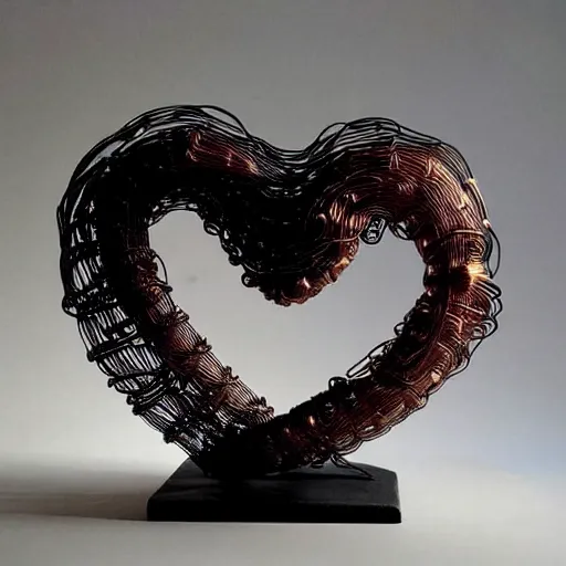 Image similar to a very beautiful tiny ( ( ( ( human heart ) ) ) )!!!!!!!!!!!!!!!!!!!!!!!!! organic sculpture made of copper wire and threaded pipes, very intricate, curved. studio lighting, high resolution, high quality, black background