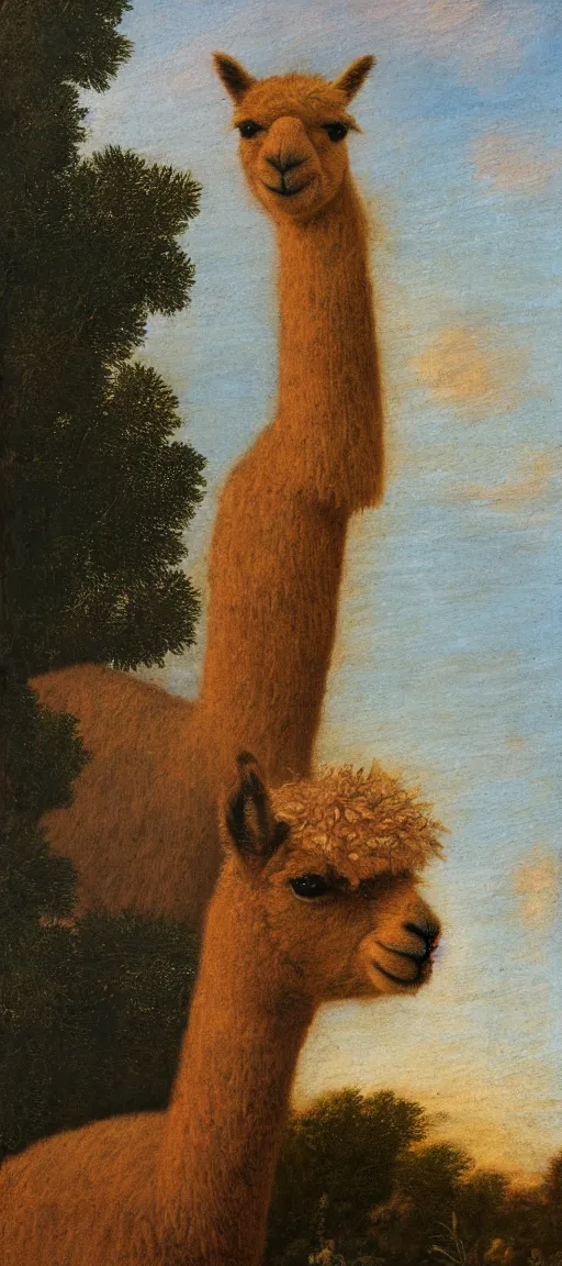 Prompt: detailed renaissance oil painting of an alpaca standing on a building standing in the forest of pastel feathers lit by small fireflies at night