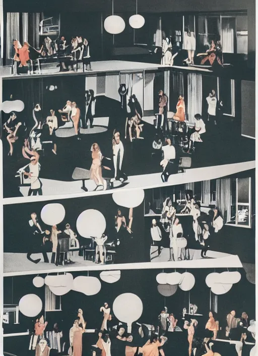 Prompt: “Photograph of a party with lots of people dancing in luxurious modern mid century house. Retro advert style.”