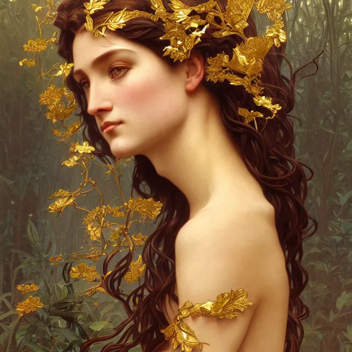 Image similar to portrait of gaea goddess with thin gold tendrils, intricate, elegant, highly detailed, digital painting, artstation, concept art, smooth, sharp focus, illustration, art by artgerm and greg rutkowski and alphonse mucha and william - adolphe bouguereau