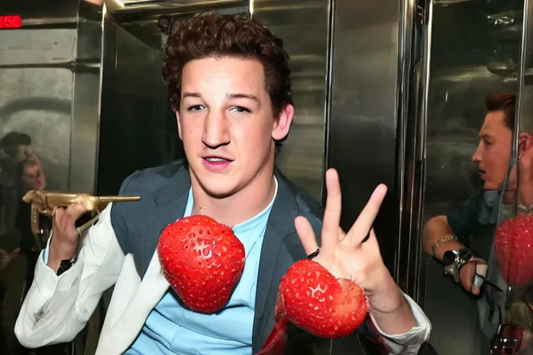 Image similar to miles teller in a bangkok elevator hula hopping while eating stawberries on a bike