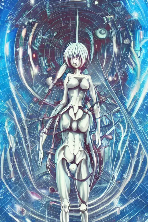 Image similar to female anime character rei ayanami cyborg in the center giygas epcotinside a space station eye of providence beksinski finnian vivid hr giger to eye hellscape mind character environmental