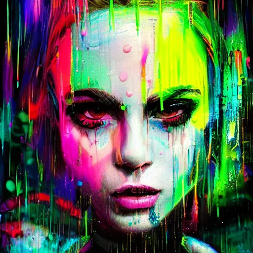 Image similar to splashes of neon, punk portrait made out of paint with rain in the background, trending on artstation, epic composition, emotional, beautiful, rendered in octane, highly detailed, realistic, tim burton comic book art, sharp focus, matte painting