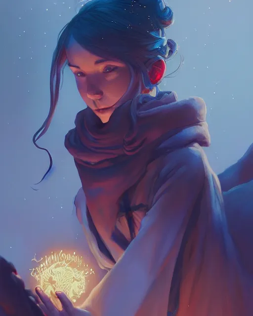 Image similar to highly detailed vfx portrait of a mage casting magic, unreal engine, greg rutkowski, loish, rhads, beeple, makoto shinkai and lois van baarle, ilya kuvshinov, rossdraws, tom bagshaw, alphonse mucha, global illumination, detailed and intricate environment