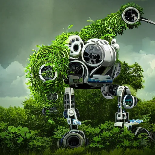 Prompt: over grown mech robot being consumed by plants and the earth