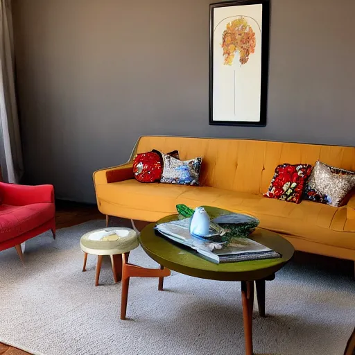 Image similar to spaghetti and meatballs shaped into a mid century modern living room set