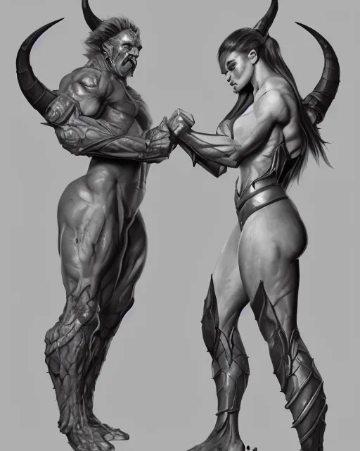 Prompt: female athletic body type and male warrior strong body type holding each other close by Boris Vallejo, moody, character design concept art, diablo, warcraft, hard surface, Character design, concept art, fantasycore, Hyperdetailed, Artstation