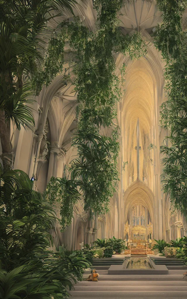 Prompt: beautiful grand cathedral interior with koi! pond!! in the! middle! surrounded by palm trees, ivy, flowers!!, tropical plants, roses!!, and with archways, rendered in octane render with photorealistic volumetric cinematic lighting, wide angle, horizontal symmetry, symmetrical! 8 k