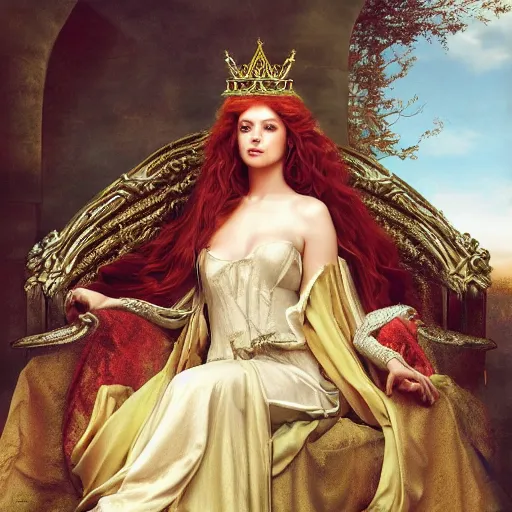 Prompt: Regal fiery bird, sitting on a throne with a crown on her head, Pre-Raphaelite, matte painting, trending on artstation