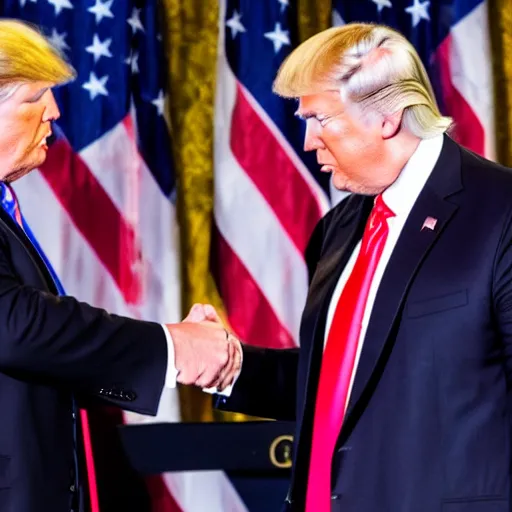 Image similar to photo of donald trump shaking joe bidens hand, gracefully accepting election results. conceding. wow the ai only shows donald trump shaking just own hand somehow lol...