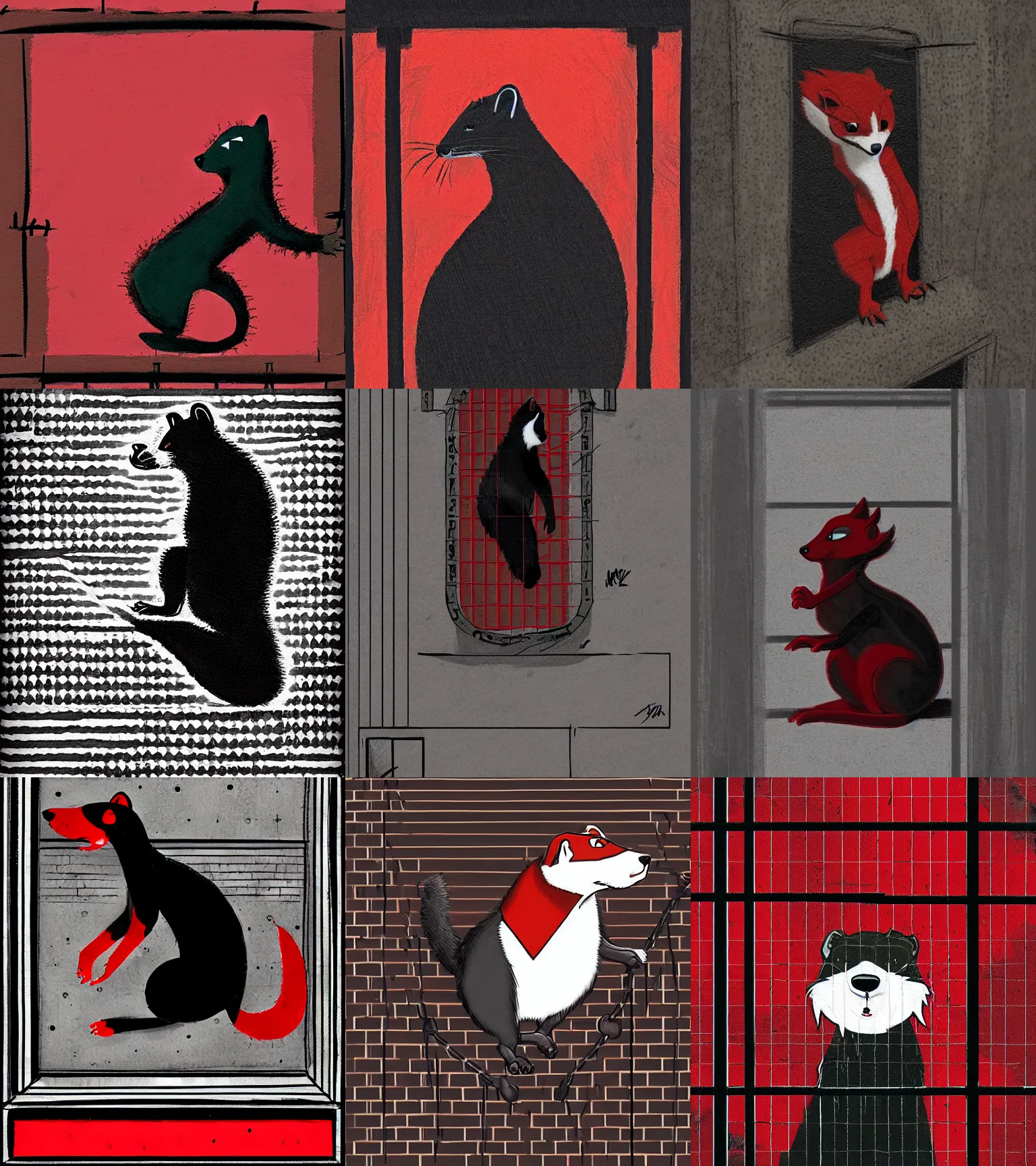 Prompt: red - and - black weasel / stoat fursona ( furry fandom ), neo - noir setting, detective fiction inspired art tone, artistic medium is scratching and chiseling on a prison cell wall in order to create cracks and impressions