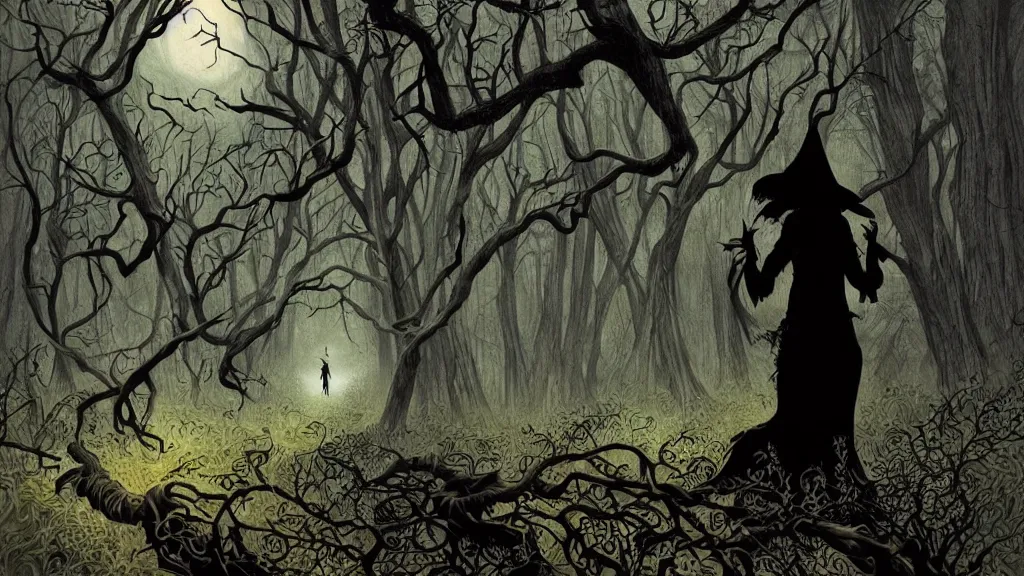 Prompt: silhouette of a witch walking in a forest path, beautiful ancient trees, serene evening atmosphere, scary, by asaf hanuka, by karol bak, by tony diterlizzi, colored pencil, fine art, scary, dark fantasy