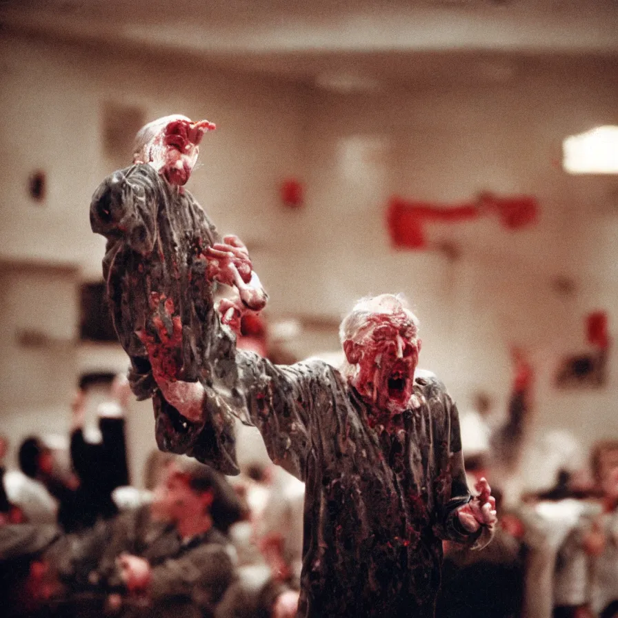 Image similar to 9 0 s movie still of an old man yelling in an empty soviet ballroom flooded with blood, cinestill 8 0 0 t 3 5 mm, heavy grain, high quality, high detail