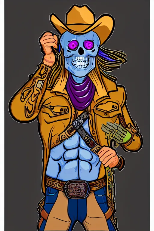 Image similar to A portrait of a skeletor that is a cowboy, sticker, colorful, illustration, highly detailed, smooth and clean vector curves, no jagged lines, vector art, smooth