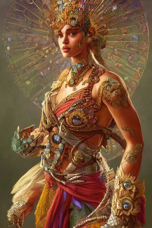 Prompt: a portrait of a anthropomorphic an acient aztec peacock warrior goddess, D&D, fantasy, intricate, highly detailed, digital painting, artstation, concept art, smooth, sharp focus, illustration, art by artgerm and greg rutkowski and alphonse mucha