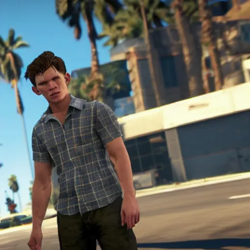Image similar to in-game screenshot of of Tom Holland in GTA V, 3d render, Unreal Engine, octane render, ray tracing, Unity, highly detailed, high quality, HD, 4k, 8k, realistic, sharp, trending
