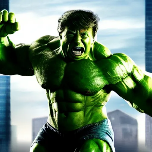 Prompt: Donald Trump plays the Incredible Hulk in new ultra hd movie, IMAX