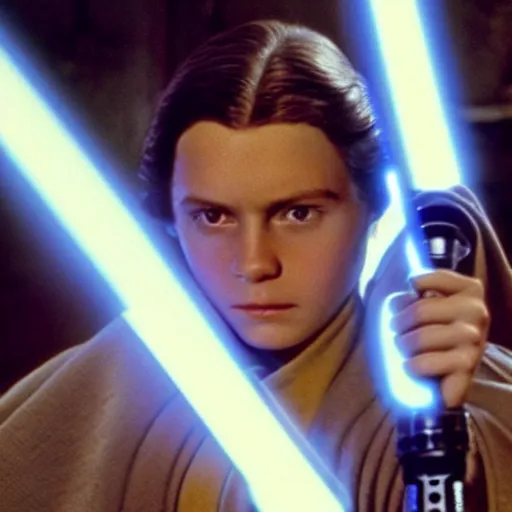 Prompt: film still of young sebastian shaw as jedi in new star wars movie, dramatic lighting, highly detailed face, kodak film, wide angle shot, colorized film