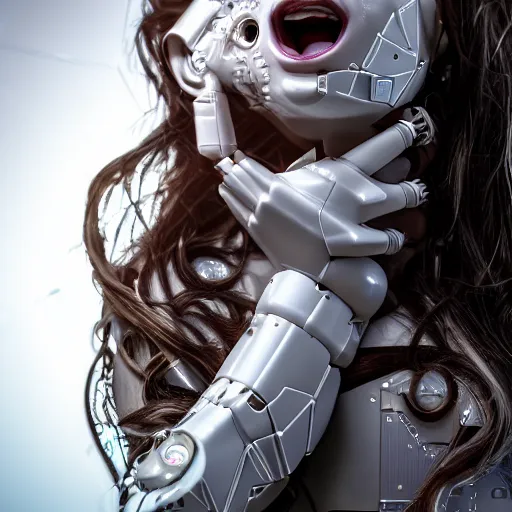 Image similar to beautiful centered Fine art photo portrait of screaming Allison Parker, squeezing her eyes shut, as a solarpunk robotic humanoid, white mechanical parts with led lights, photorealistic, white background, highly detailed and intricate, sunset lighting, HDR 8k