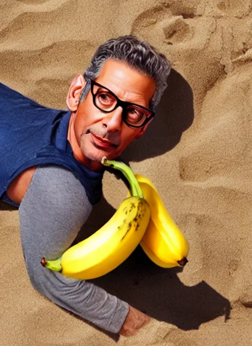 Image similar to jeff goldblum as a banana tomato on the sand of a beach